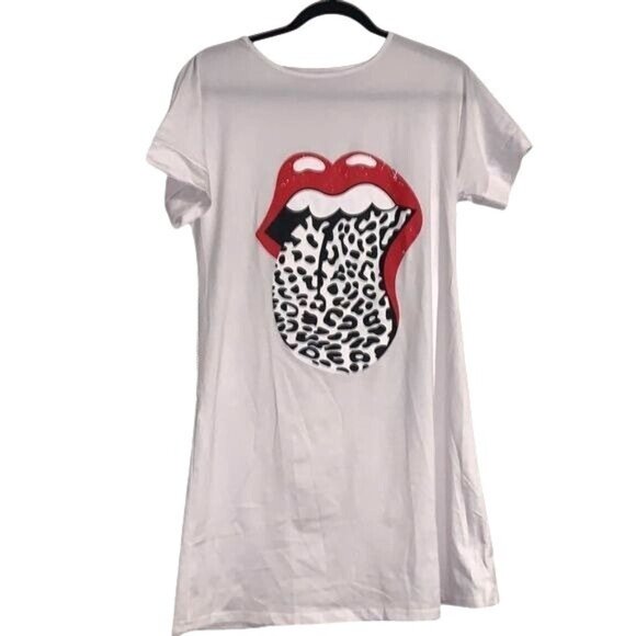 White Graphic T-Shirt Dress With Leopard Tongue Print - Picture 3 of 9